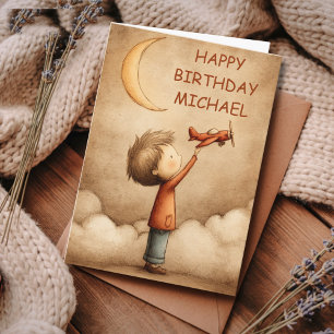 Birthday Boy Pilot and Toy Airplane Moon Custom Card