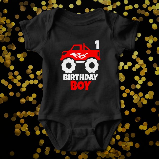 Birthday Boy Red Monster Truck with Age Black Baby Bodysuit (Creator Uploaded)
