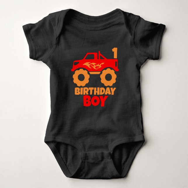 Birthday Boy Red Monster Truck with Age Orange Baby Bodysuit (Front)