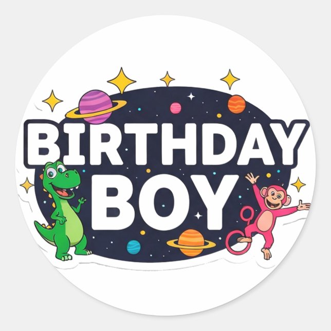 Birthday Boy Space Adventure Classic Round Sticker (Front)