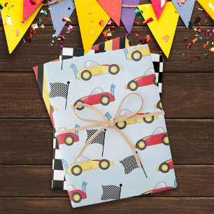 Birthday Boy Whimsical Race Cars Cute Pattern Wrapping Paper Sheet