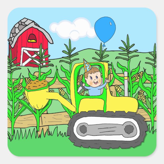 Birthday Boy with Balloon in Tractor Square Sticker (Front)