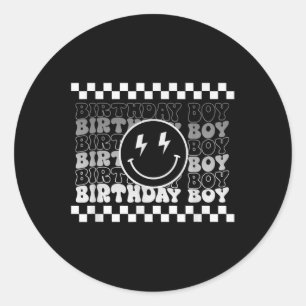 Birthday Boys Groovy Smile Face Chequered Birthday Classic Round Sticker