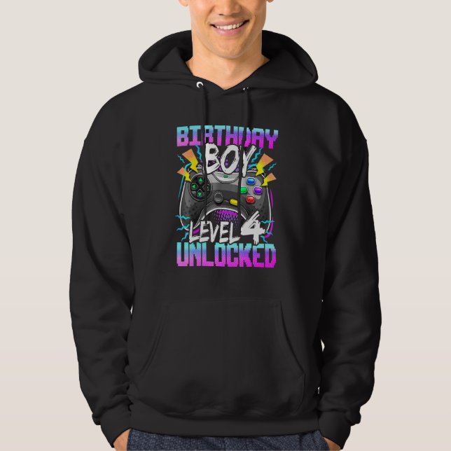 Birthday Boys Level 4 Unlocked Video Gamer Birthda Hoodie (Front)