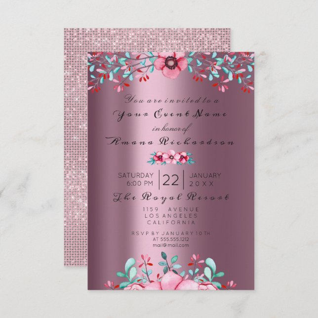 Birthday Bridal Floral Bohemian Eggplant Sparkly Invitation (Front/Back)