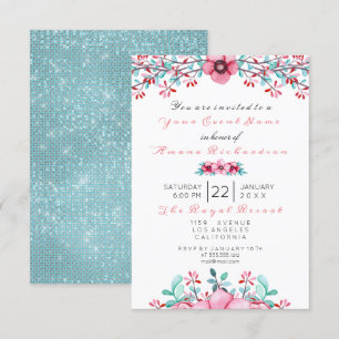 Birthday Bridal Floral Pink Bohemian Sparkly Aqua Invitation