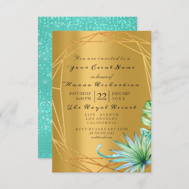 Birthday Bridal Palm Mint Aqua Tropic Monstera Gol Invitation (Front/Back)