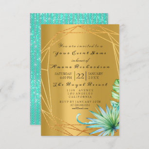 Birthday Bridal Palm Mint Aqua Tropic Monstera Gol Invitation