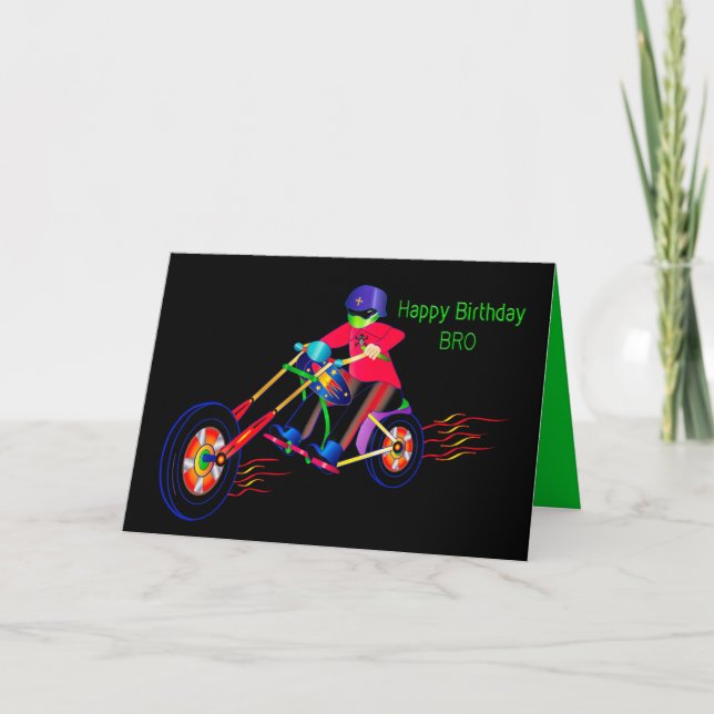 Birthday, BRO, Colourful Man Riding Motorcycle Car Card (Front)