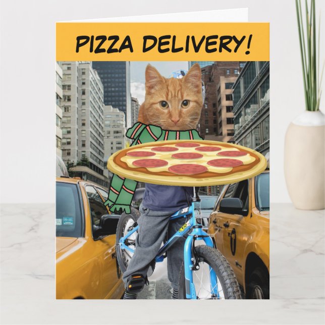 BIRTHDAY BROTHER CAT PIZZA DELIVERY GREETING CARD (Front)