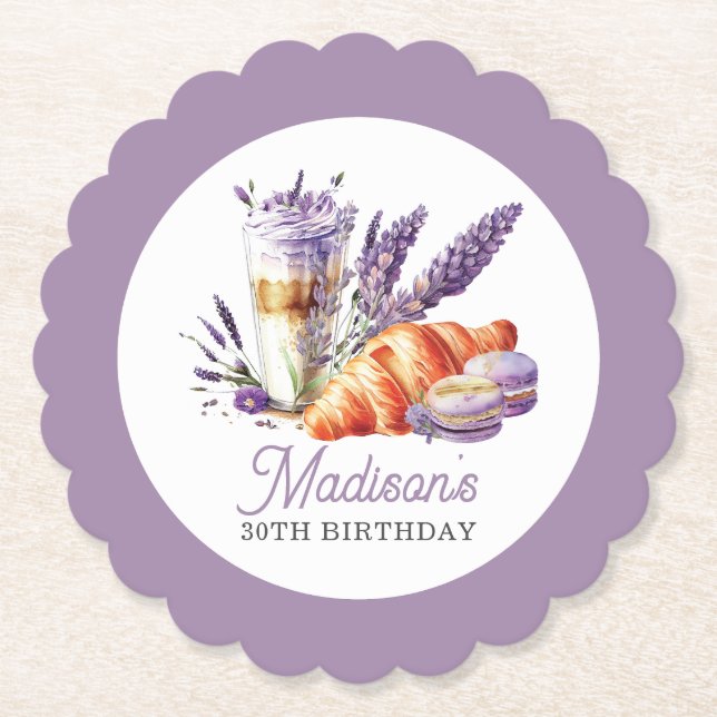 Birthday Brunch Watercolor Macarons and Croissant Paper Coaster (Front)