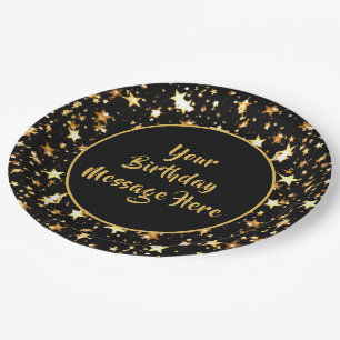 Birthday Brush Script Black Gold Stars Personalise Paper Plate