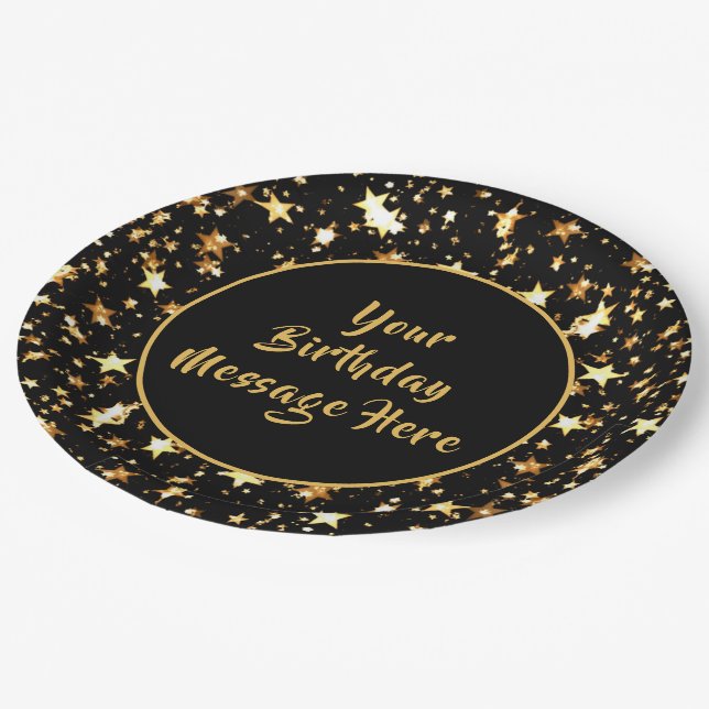 Birthday Brush Script Black Gold Stars Personalise Paper Plate (Angled)