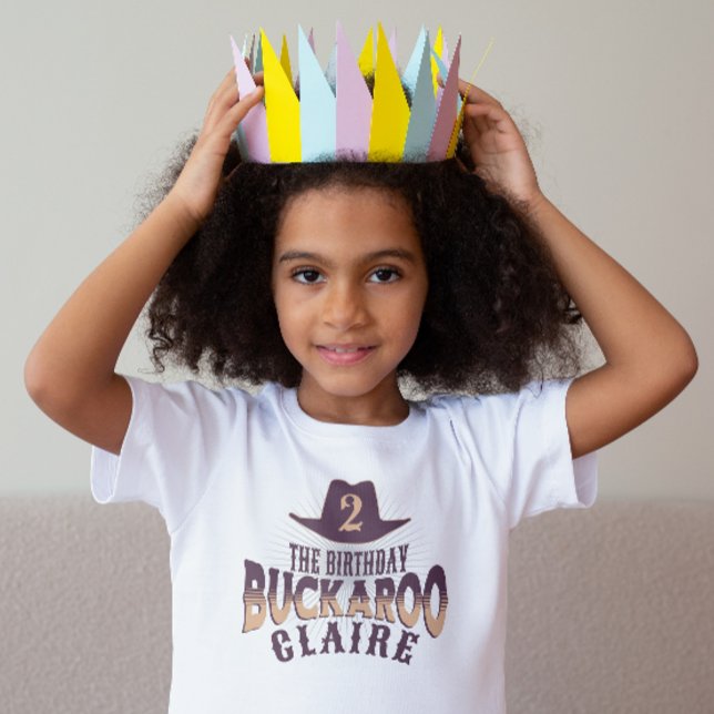 "Birthday Buckaroo" Cowgirl Western Kids Birthday  Toddler T-Shirt ("the birthday buckaroo" cowgirl western birthday shirt purple and orange with custom name and age)