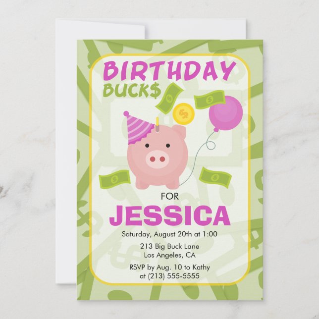 Birthday Bucks Piggy Bank Girl Party Invitation (Front)