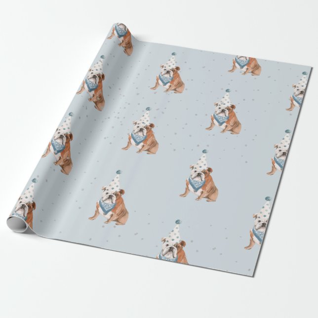 Birthday Bull Dog Party Hat Wrapping Paper (Unrolled)