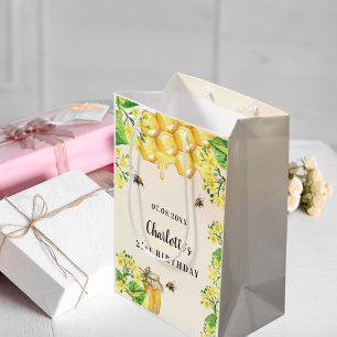 Birthday bumble bees honey yellow florals monogram medium gift bag