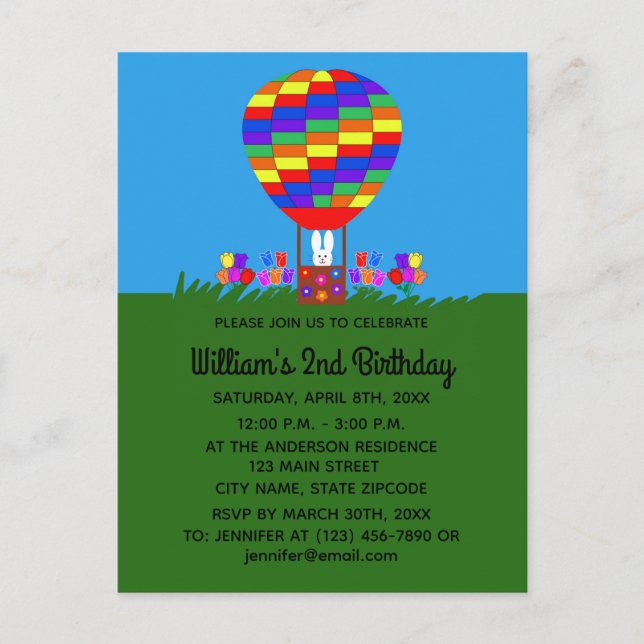 Birthday Bunny Balloon #3 Invitation Postcard (Front)