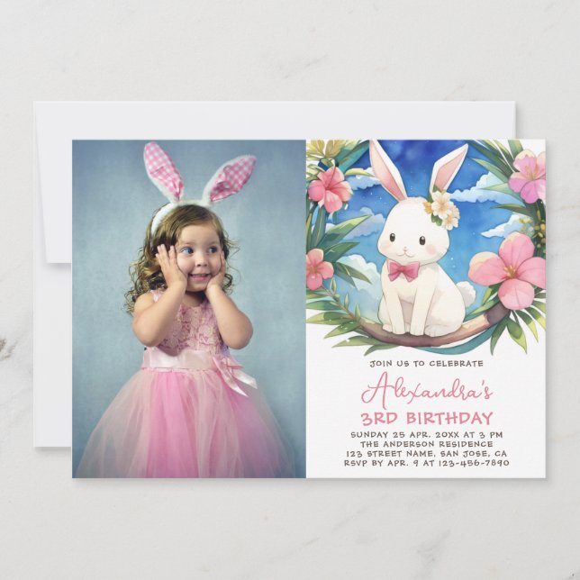 Birthday Bunny Girl Photo Cute Rabbit Pink Flowers Invitation (Front)