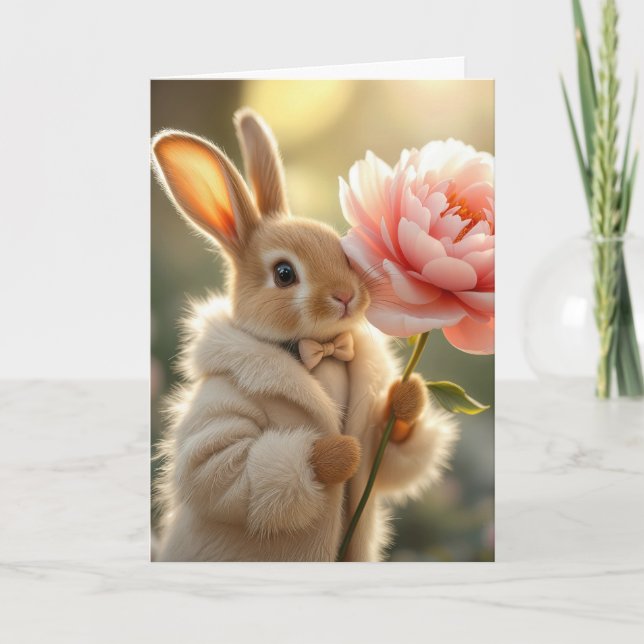 Birthday Bunny In a Fur Coat With Pink Peony Card (Front)