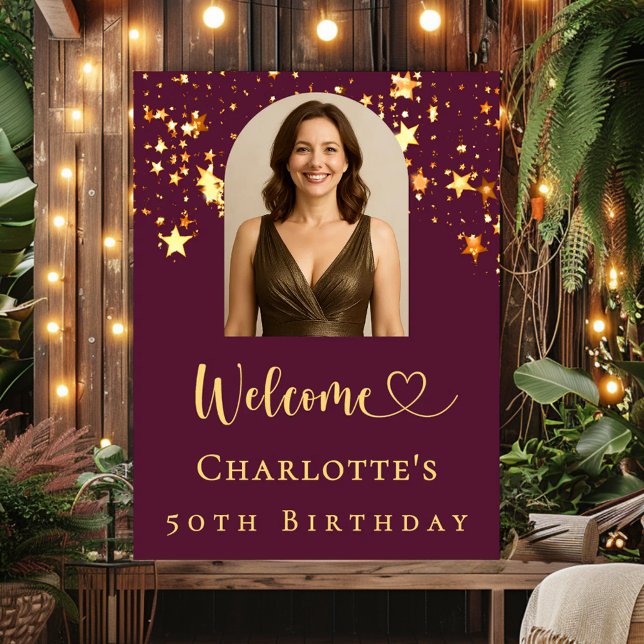 Birthday burgundy arch photo gold stars welcome poster (Creator Uploaded)