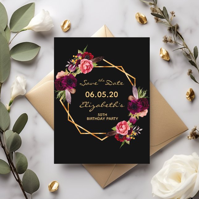 Birthday burgundy black Save the Date card (Creator Uploaded)