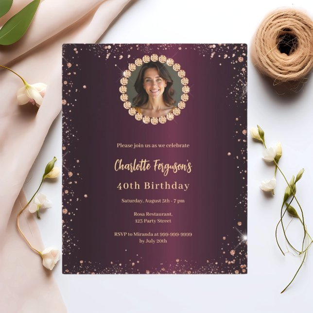 Birthday burgundy diamond glitter photo invitation (Creator Uploaded)