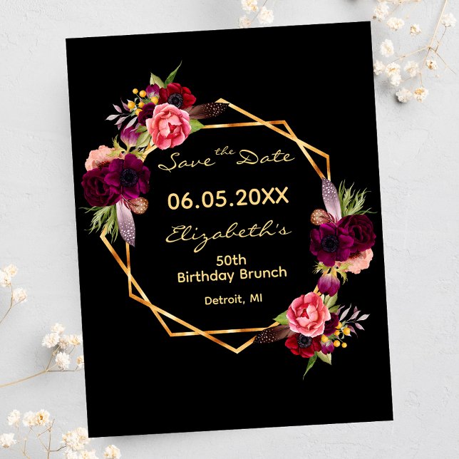 Birthday burgundy floral black Save the Date Postcard (Creator Uploaded)