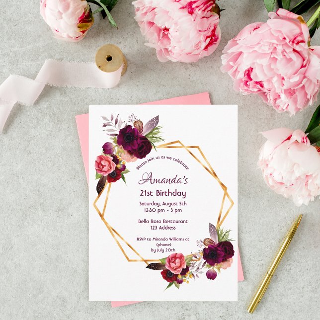 Birthday burgundy floral gold invitation postcard (Creator Uploaded)
