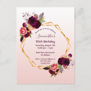 Birthday burgundy floral rose gold invitation postcard