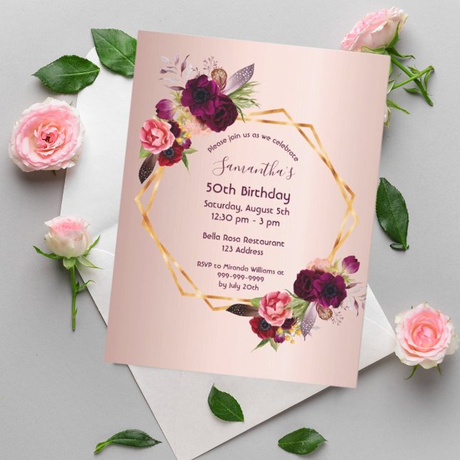Birthday burgundy floral rose gold invitation postcard (Creator Uploaded)