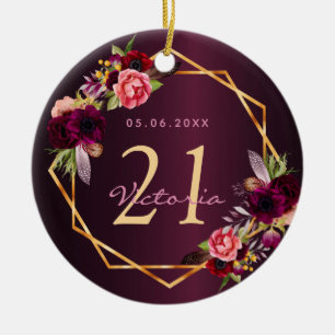 Birthday burgundy florals gold geometric ceramic ornament
