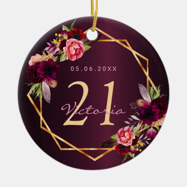 Birthday burgundy florals gold geometric ceramic ornament (Front)