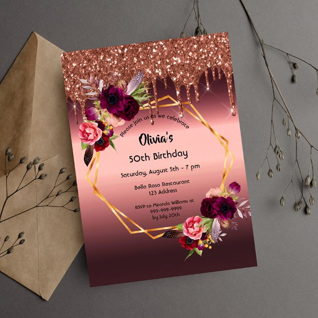 Birthday burgundy flowers glitter geometric invitation (Creator Uploaded)