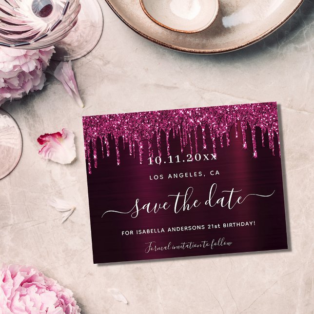 Birthday burgundy glitter save the date card (Creator Uploaded)