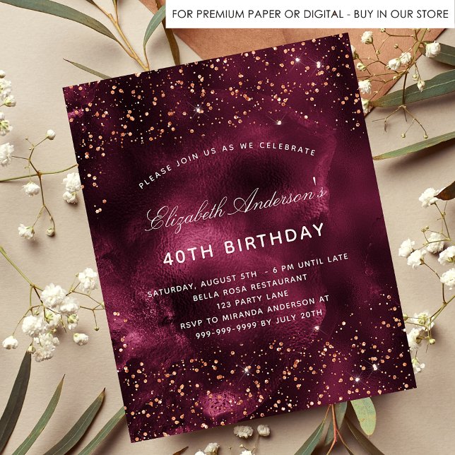 Birthday burgundy gold agate budget invitation flyer (Creator Uploaded)