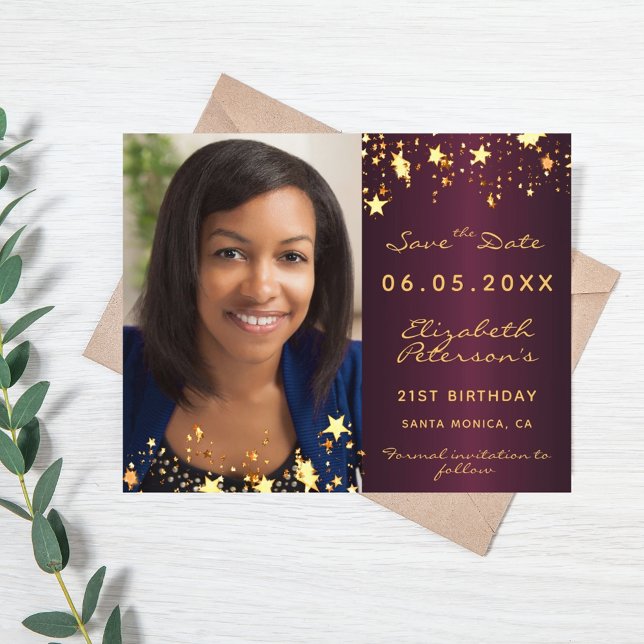 Birthday burgundy photo Save the Date card (Creator Uploaded)