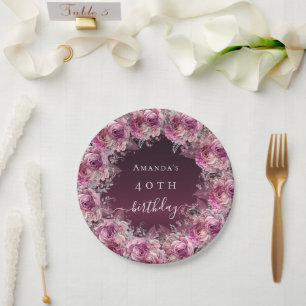 Birthday burgundy pink floral name script paper plate