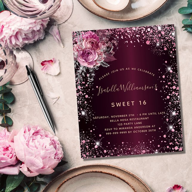 Birthday burgundy pink florals budget invitation (Creator Uploaded)