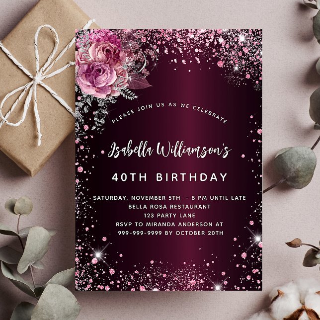 Birthday burgundy pink florals glitter glamorous invitation postcard (Creator Uploaded)