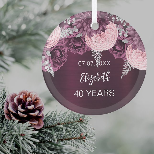 Birthday burgundy pink flowers name glass tree decoration (For both birthday party table decor and for decorating the Christmas tree as a keepsake)
