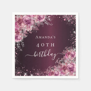 Birthday burgundy pink flowers name script napkin