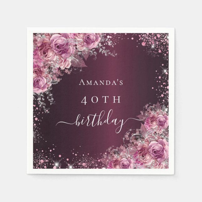 Birthday burgundy pink flowers name script napkin (Front)