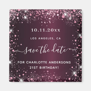 Birthday burgundy pink glitter dust save the date magnet