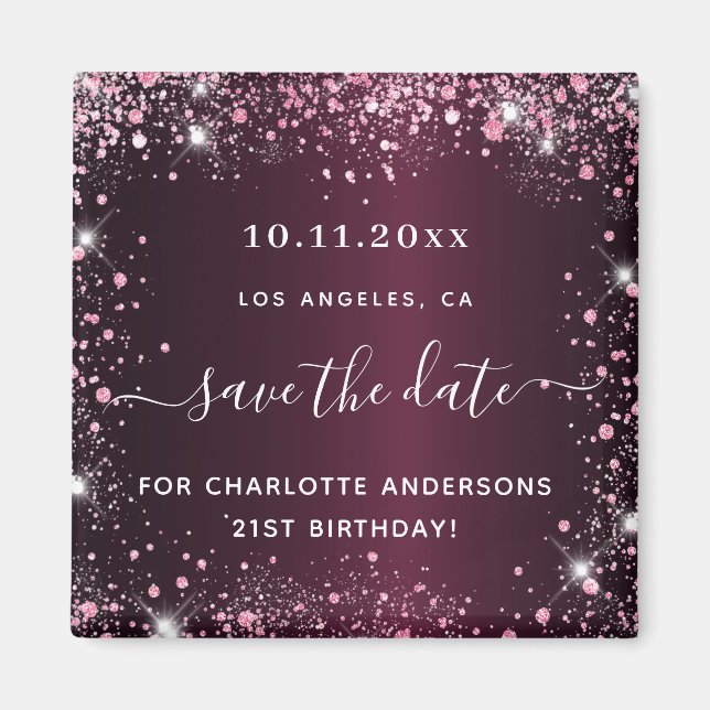 Birthday burgundy pink glitter dust save the date magnet (Front)