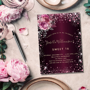 Birthday burgundy pink glitter floral glamourous invitation