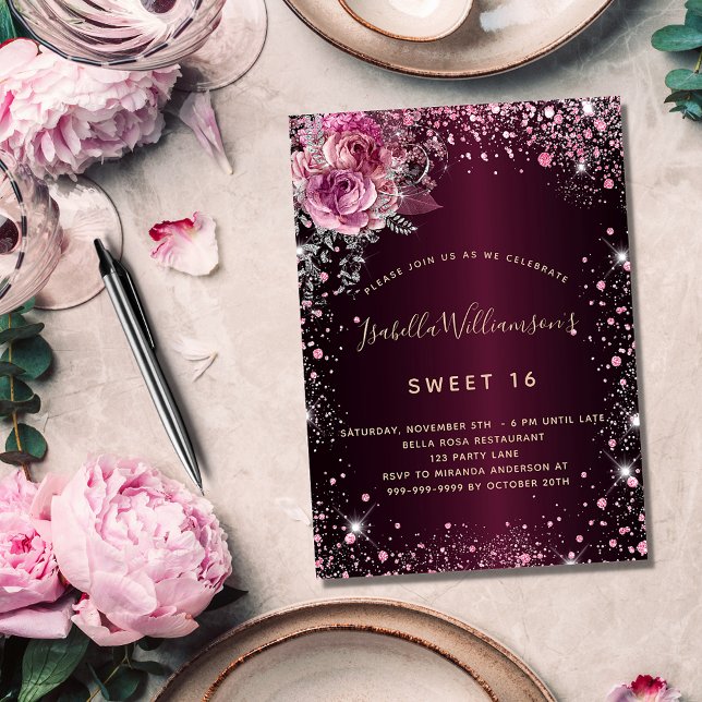 Birthday burgundy pink glitter florals invitation (Creator Uploaded)