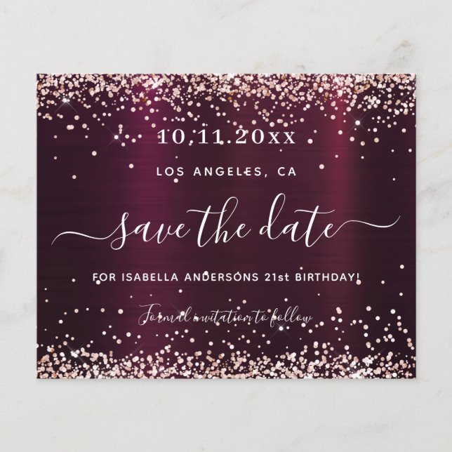 Birthday burgundy rose gold budget save the date flyer (Front)