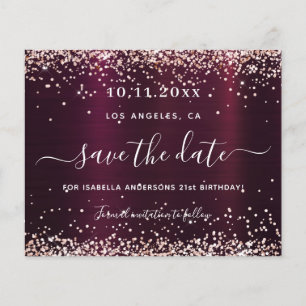 Birthday burgundy rose gold budget save the date flyer