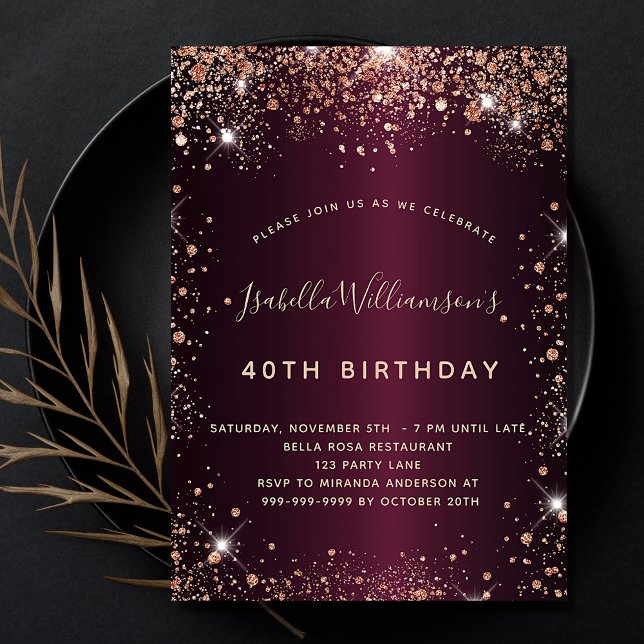 Birthday burgundy rose gold glitter luxury invitation (Creator Uploaded)